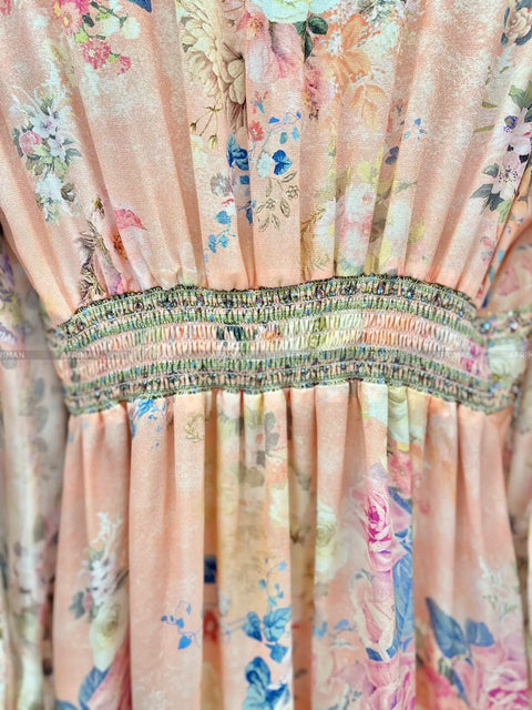 High End Designer Jeweled Silk Dress Silk Women V Neck Crystal Beaded Pink Flower Print Elastic Waist Multi-layer Mini Silk Dress - Dresses - Sharon Tatem LLC.