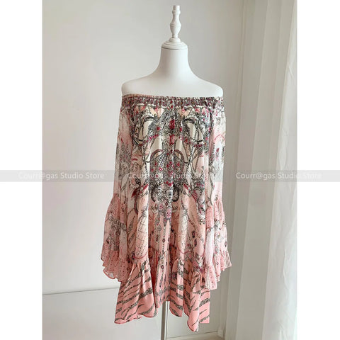 Jeweled Designer Dress Crystals Australian niche off the shoulder pink silk rhinestone flared sleeve loose resort style seaside short dress women - Dresses - Sharon Tatem LLC.