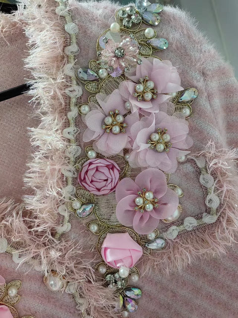 Real Photo Luxury Style Beaded Flower Stitch Knitwear Cardigan Coat For Women V-neck Autumn Winter Pink Sweater Outwear Jacket - Fur Jacket, Business Fancy - Sharon Tatem LLC.