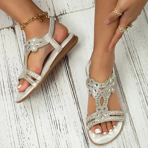 Rhinestones Sandals For Women With Elastic Ankle Strap Bohemian Beach Shoes Fashion Crystal Floral Casual Open Toe Shoes - Shoes - Sharon Tatem LLC.