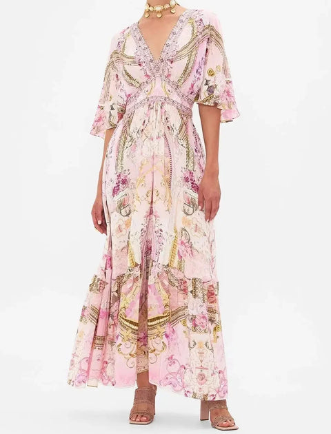Designer Dress Women Bohemian Style V Neck Batwing Sleeve Pink Print High Waist 100% Silk Midi Dress - Dresses - Sharon Tatem LLC.
