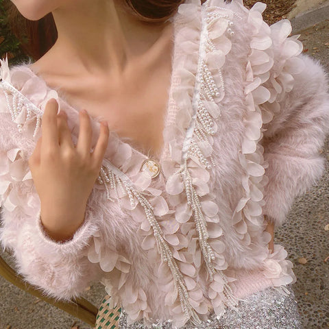 Luxury Women 3D Petals Mink Cashmere Knitted Cardigan Velvet Pearls Beaded Mohair Sweater Coat Fringed Floral Jacket Crop Tops - Luxury Women 3D Petals Mink Cashmere Knitted Cardigan Velvet Pearls Beaded Mohair Sweater Coat Fringed Floral Jacket Crop Tops - Sharon Tatem LLC.