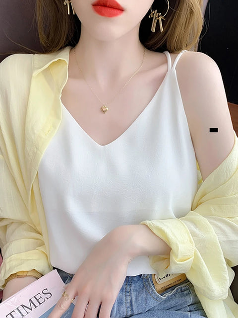 White Black Camisole Sexy V Neck Halter Strap Women Camis Silk Cross Backless Top Solid Crop Satin Tank Tops Female Underwear Vest Camisole - Camisole - Sharon Tatem LLC.