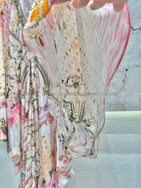 Exquisite designer dress Women New V Neck Crystal Beaded Flare Sleeve Pink Flower Print High Waist Silk Loose Long Dress - Dresses - Sharon Tatem LLC.