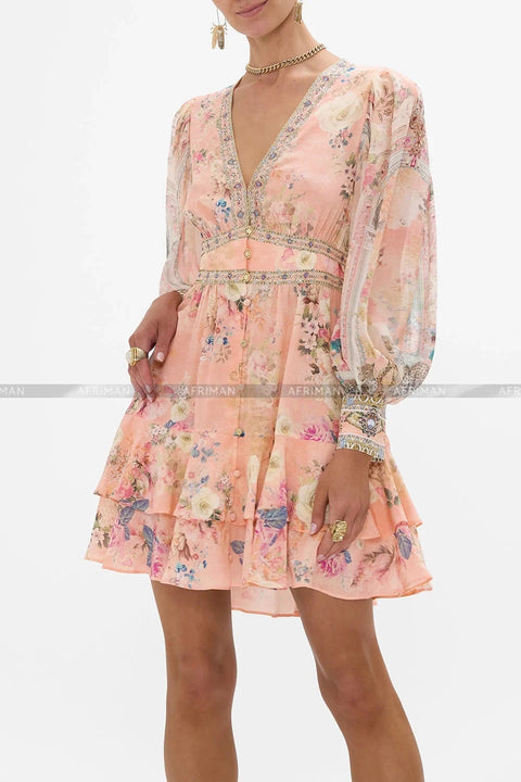 High End Designer Jeweled Silk Dress Silk Women V Neck Crystal Beaded Pink Flower Print Elastic Waist Multi-layer Mini Silk Dress - Dresses - Sharon Tatem LLC.