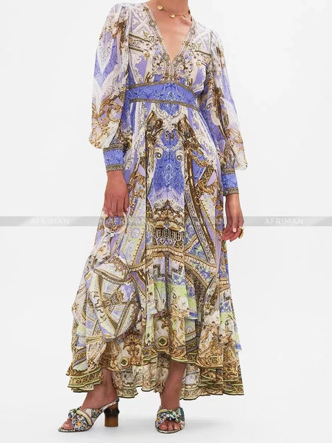 Designer Dress New Bohemian Style V Neck Purple Flower Print Long Sleeve Waist Multi-layer Silk Long Dress - Dresses - Sharon Tatem LLC.