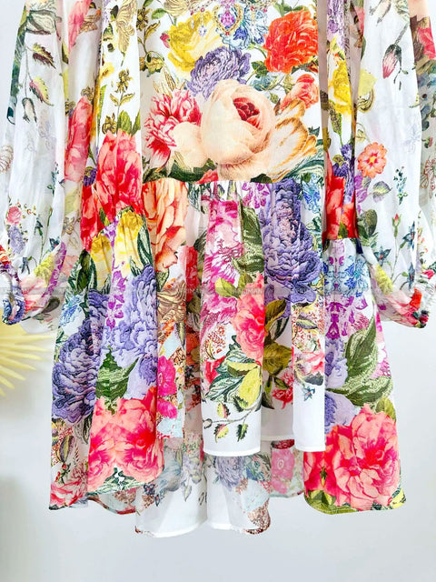 Women V Neck Crystal Beaded Long Sleeve Flower Print Low Waist 100% Silk Loose Mini Dress -  - Sharon Tatem LLC.