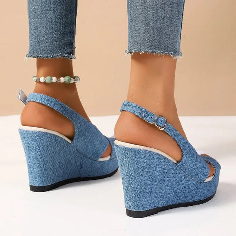 DOGHC 2024 NEW Size 35-43 Shoes for Women Ankle Buckle Wedges Sandals for Women Summer Denim Sandal Comfortable Thick Sole - Sandals - Sharon Tatem LLC.