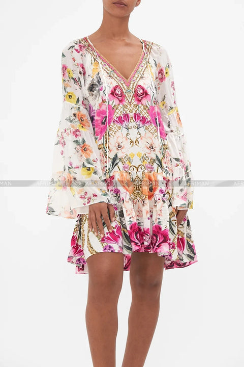 Designer Dress Women New V Neck Crystal Beaded Flower Print Flare Sleeve Loose Mini Silk Dress -  - Sharon Tatem LLC.