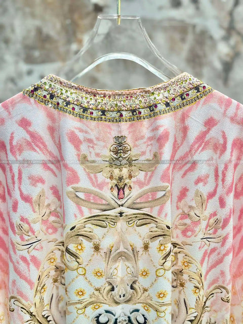 Exquisite designer dress Women New V Neck Crystal Beaded Flare Sleeve Pink Flower Print High Waist Silk Loose Long Dress - Dresses - Sharon Tatem LLC.