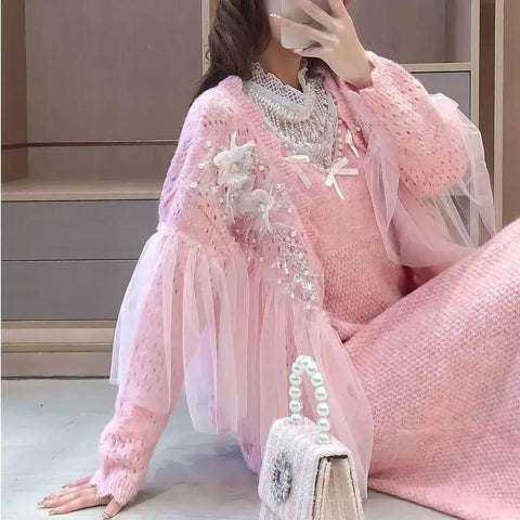 High Quality Knit Set Stunning jacket Women Mesh Spliced Ruffles Hollowed Out Knitted Cardigan Floral Crocheted Pearls Beaded Sweater Coat Camisole Dress 2Pcs Set - Dress Set with jacket - Sharon Tatem LLC.