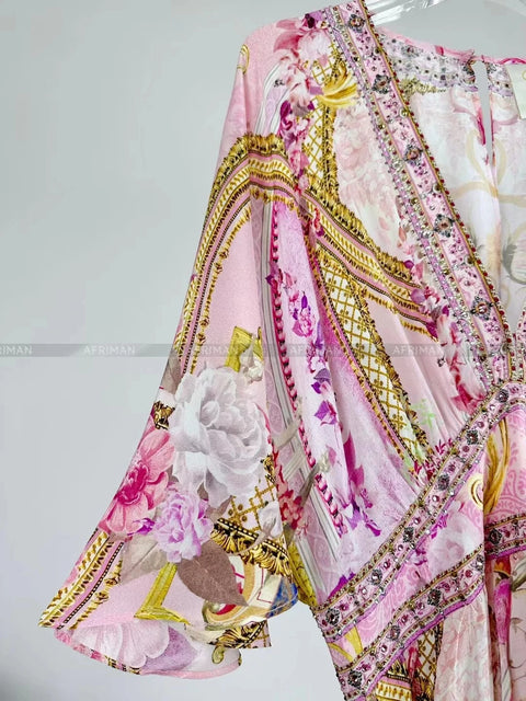 Designer Dress Women Bohemian Style V Neck Batwing Sleeve Pink Print High Waist 100% Silk Midi Dress - Dresses - Sharon Tatem LLC.