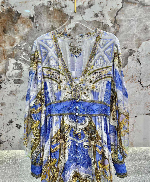 Designer Dress New Bohemian Style V Neck Purple Flower Print Long Sleeve Waist Multi-layer Silk Long Dress - Dresses - Sharon Tatem LLC.
