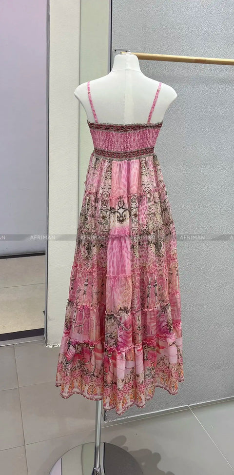 Designer Jeweled Silk Dress Silk Women V Neck Crystal Beaded Pink Flower Print Elastic Waist Multi-layer Mini Silk Dress Women New V Neck Crystal Beaded Retro Print Long Sleeve Loose Silk Blouse+ Elastic High Waist Maxi Long Silk Skirt Set - Dresses - Sharon Tatem LLC.