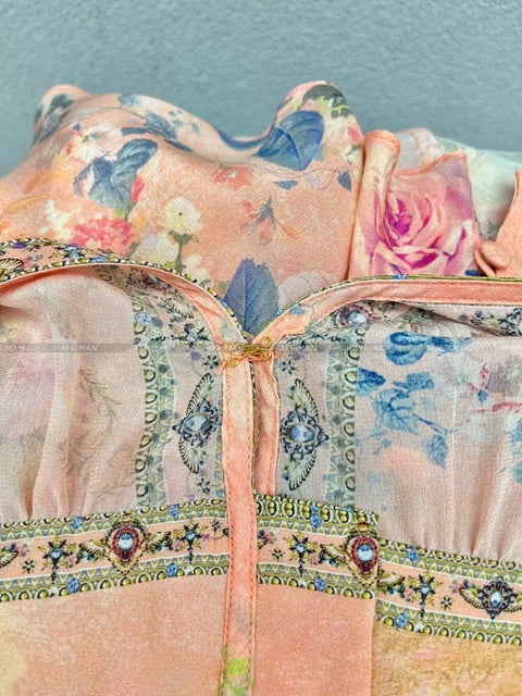 High End Designer Jeweled Silk Dress Silk Women V Neck Crystal Beaded Pink Flower Print Elastic Waist Multi-layer Mini Silk Dress - Dresses - Sharon Tatem LLC.