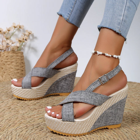 2024 New Summer New Style One-line Strap Cloth Thick-soled Buckle Sandals Large Size Thick-soled Wedge Sandals for Women - Sandals - Sharon Tatem LLC.