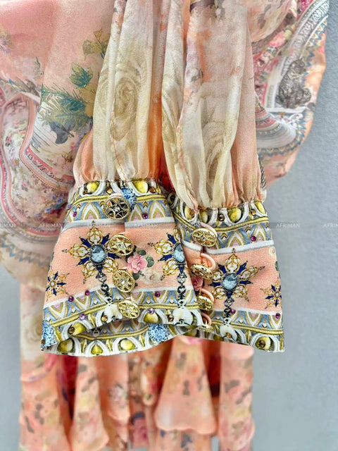High End Designer Jeweled Silk Dress Silk Women V Neck Crystal Beaded Pink Flower Print Elastic Waist Multi-layer Mini Silk Dress - Dresses - Sharon Tatem LLC.