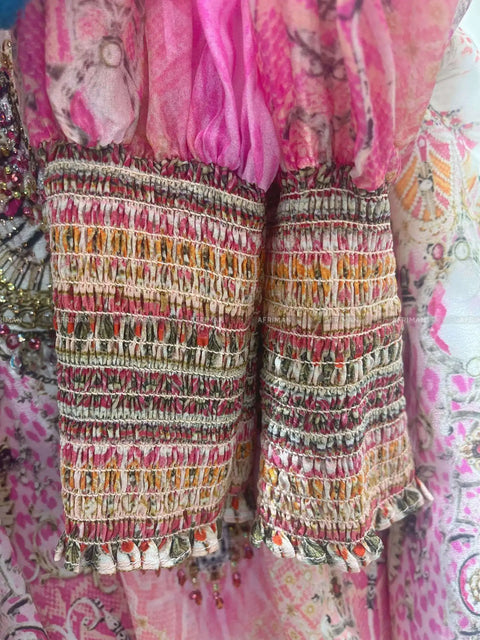 Designer Jeweled Silk Dress Silk Women V Neck Crystal Beaded Pink Flower Print Elastic Waist Multi-layer Mini Silk Dress Women New V Neck Crystal Beaded Retro Print Long Sleeve Loose Silk Blouse+ Elastic High Waist Maxi Long Silk Skirt Set - Dresses - Sharon Tatem LLC.