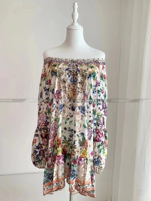 Women Retro Slash Collar Crystal Beaded Floral Print Flare Sleeve 100% Silk Loose A-line Dress - Dresses - Sharon Tatem LLC.
