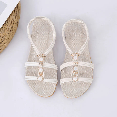 Women's sandals Ladies Fashion Suede Rhinestone Elastic Band Open Toe Flat Roman Sandals elegant sandals woman - Shoes Sandals - Sharon Tatem LLC.