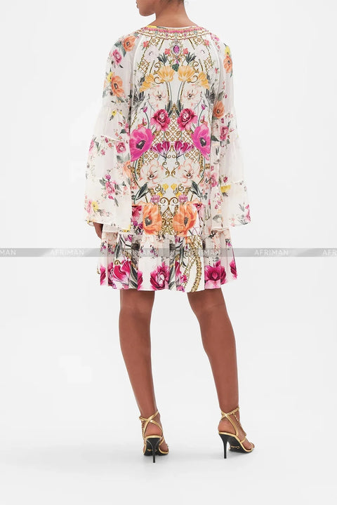 Designer Dress Women New V Neck Crystal Beaded Flower Print Flare Sleeve Loose Mini Silk Dress -  - Sharon Tatem LLC.