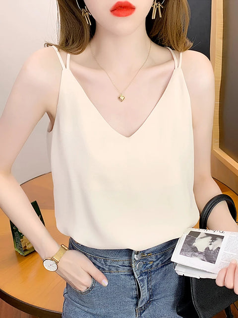 White Black Camisole Sexy V Neck Halter Strap Women Camis Silk Cross Backless Top Solid Crop Satin Tank Tops Female Underwear Vest Camisole - Camisole - Sharon Tatem LLC.