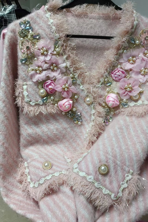 Real Photo Luxury Style Beaded Flower Stitch Knitwear Cardigan Coat For Women V-neck Autumn Winter Pink Sweater Outwear Jacket - Fur Jacket, Business Fancy - Sharon Tatem LLC.