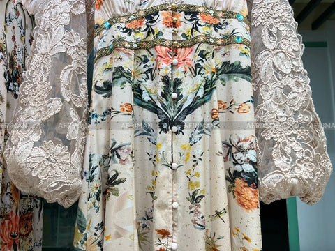 Women V Neck Lace Embroidery Patchwork Silk Floral Print Lantern Sleeve A-line Maxi Long Dress -  - Sharon Tatem LLC.