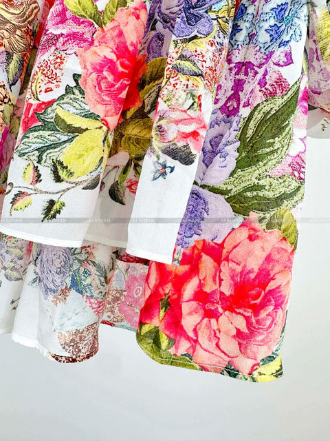 Women V Neck Crystal Beaded Long Sleeve Flower Print Low Waist 100% Silk Loose Mini Dress -  - Sharon Tatem LLC.