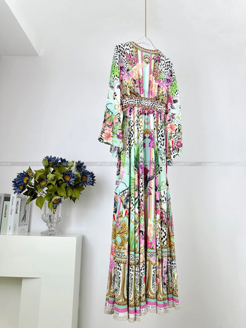 Designer Dress 2024 Resort wear Spring New V Neck Pink Leopard Print Heavy Beaded Women 100% Silk maxi long Dress - Dresses - Sharon Tatem LLC.