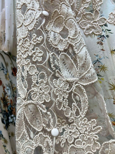 Women V Neck Lace Embroidery Patchwork Silk Floral Print Lantern Sleeve A-line Maxi Long Dress -  - Sharon Tatem LLC.