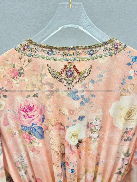 High End Designer Jeweled Silk Dress Silk Women V Neck Crystal Beaded Pink Flower Print Elastic Waist Multi-layer Mini Silk Dress - Dresses - Sharon Tatem LLC.