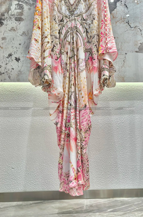 Exquisite designer dress Women New V Neck Crystal Beaded Flare Sleeve Pink Flower Print High Waist Silk Loose Long Dress - Dresses - Sharon Tatem LLC.