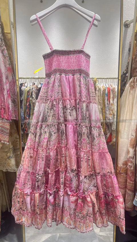 Designer Jeweled Silk Dress Silk Women V Neck Crystal Beaded Pink Flower Print Elastic Waist Multi-layer Mini Silk Dress Women New V Neck Crystal Beaded Retro Print Long Sleeve Loose Silk Blouse+ Elastic High Waist Maxi Long Silk Skirt Set - Dresses - Sharon Tatem LLC.