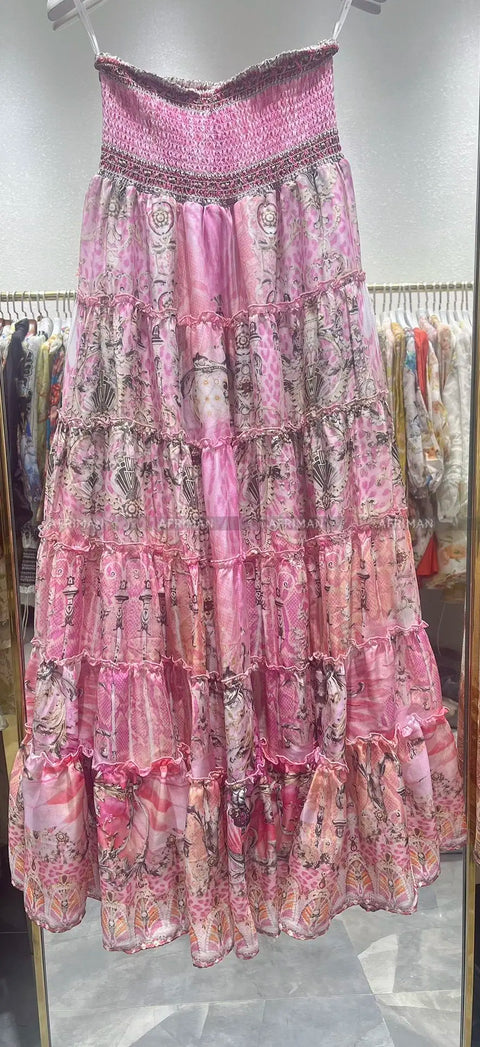 Designer Jeweled Silk Dress Silk Women V Neck Crystal Beaded Pink Flower Print Elastic Waist Multi-layer Mini Silk Dress Women New V Neck Crystal Beaded Retro Print Long Sleeve Loose Silk Blouse+ Elastic High Waist Maxi Long Silk Skirt Set - Dresses - Sharon Tatem LLC.