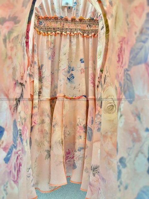 High End Designer Jeweled Silk Dress Silk Women V Neck Crystal Beaded Pink Flower Print Elastic Waist Multi-layer Mini Silk Dress - Dresses - Sharon Tatem LLC.