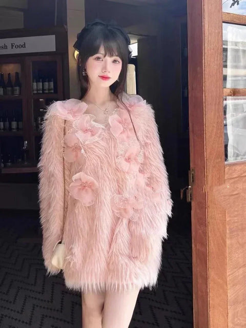 Soft Sweater Stunning Loose Heavy Duty Beaded Flower Knitted Dress 2024 Women Autumn Winter Sweet Large Thickened Mink Fleece Sweater Dresses - Soft Sweater - Sharon Tatem LLC.