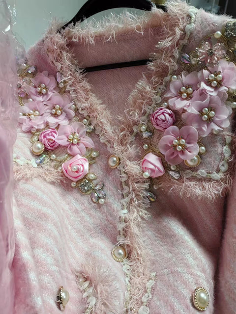 Real Photo Luxury Style Beaded Flower Stitch Knitwear Cardigan Coat For Women V-neck Autumn Winter Pink Sweater Outwear Jacket - Fur Jacket, Business Fancy - Sharon Tatem LLC.
