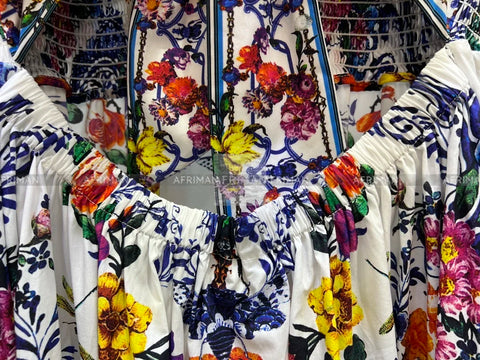 Women V Neck Crystal Beaded Flying Sleeve Retro Flower Print Elastic Waist Big Swing Midi Dress -  - Sharon Tatem LLC.