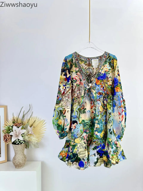 High Quality Autumn Women Fashion Runway Designer Silk Linen Beaded Cartoon Flower Printed Casual Full Sleeve A-line Mini Dress - Dresses - Sharon Tatem LLC.