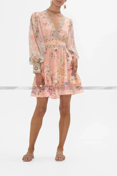 High End Designer Jeweled Silk Dress Silk Women V Neck Crystal Beaded Pink Flower Print Elastic Waist Multi-layer Mini Silk Dress - Dresses - Sharon Tatem LLC.