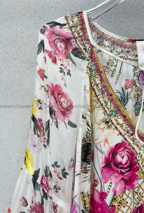 Designer Dress Women New V Neck Crystal Beaded Flower Print Flare Sleeve Loose Mini Silk Dress -  - Sharon Tatem LLC.
