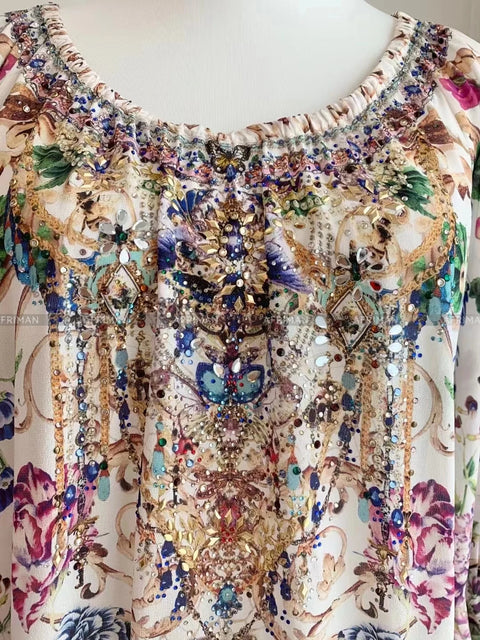 Women Retro Slash Collar Crystal Beaded Floral Print Flare Sleeve 100% Silk Loose A-line Dress - Dresses - Sharon Tatem LLC.