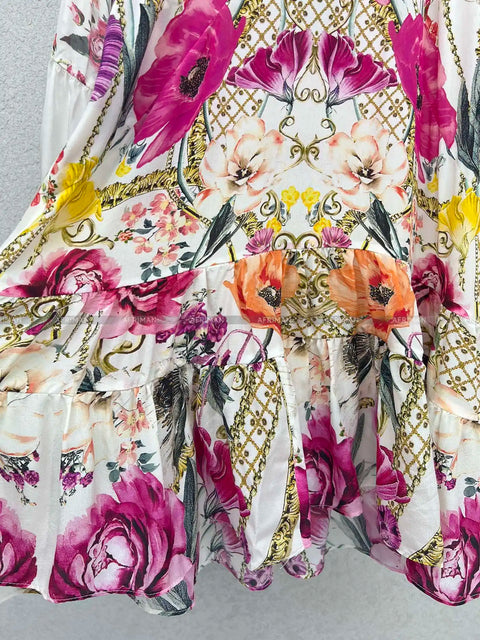 Designer Dress Women New V Neck Crystal Beaded Flower Print Flare Sleeve Loose Mini Silk Dress -  - Sharon Tatem LLC.