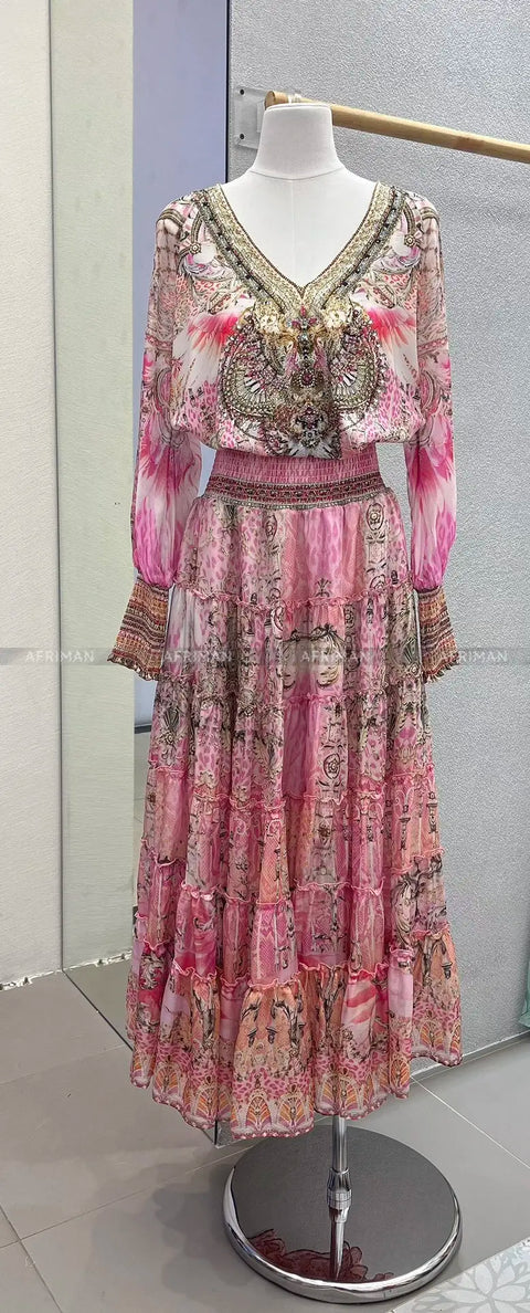 Designer Jeweled Silk Dress Silk Women V Neck Crystal Beaded Pink Flower Print Elastic Waist Multi-layer Mini Silk Dress Women New V Neck Crystal Beaded Retro Print Long Sleeve Loose Silk Blouse+ Elastic High Waist Maxi Long Silk Skirt Set - Dresses - Sharon Tatem LLC.
