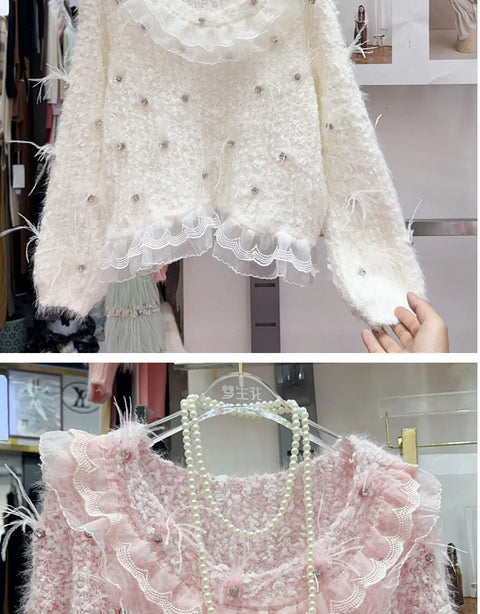 Gorgeous Sweater Sweet Heavy Industry Diamond Inlaid Three-Dimensional Petal Flower Feather Knitted Pullovers French Soft Gentle Sweater - sweater - Sharon Tatem LLC.