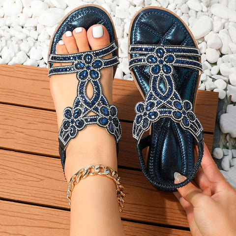 Rhinestones Sandals For Women With Elastic Ankle Strap Bohemian Beach Shoes Fashion Crystal Floral Casual Open Toe Shoes - Shoes - Sharon Tatem LLC.