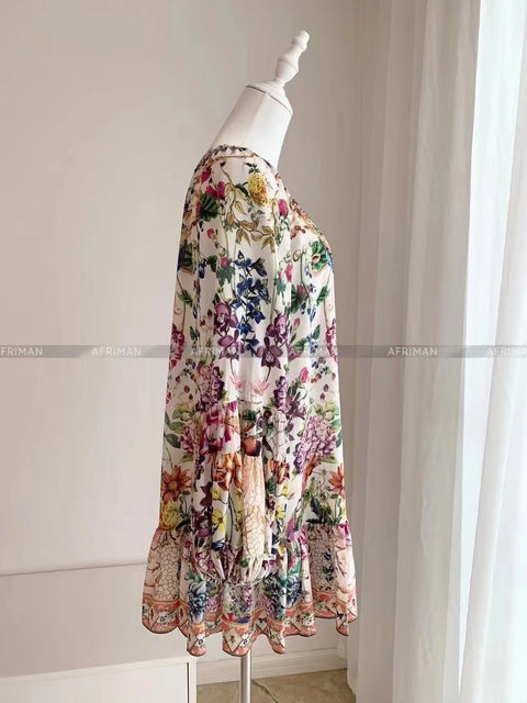 Women Retro Slash Collar Crystal Beaded Floral Print Flare Sleeve 100% Silk Loose A-line Dress - Dresses - Sharon Tatem LLC.