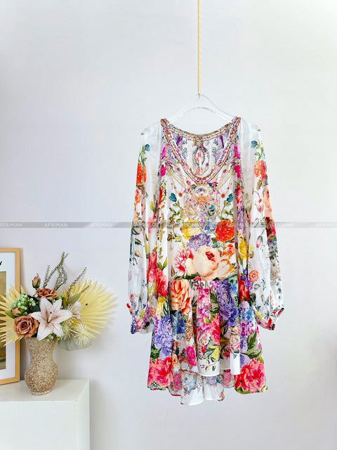 Women V Neck Crystal Beaded Long Sleeve Flower Print Low Waist 100% Silk Loose Mini Dress -  - Sharon Tatem LLC.