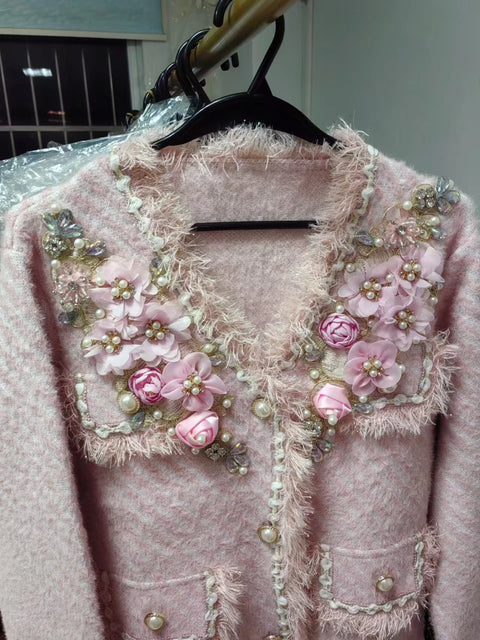 Real Photo Luxury Style Beaded Flower Stitch Knitwear Cardigan Coat For Women V-neck Autumn Winter Pink Sweater Outwear Jacket - Fur Jacket, Business Fancy - Sharon Tatem LLC.